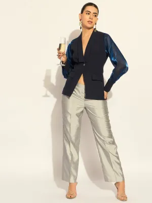 Navy Puffed-Sleeves Split Joint Top In Stretchable Fabric