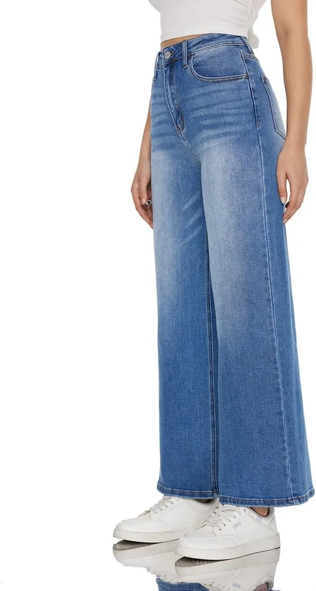 ONESO High Waisted Stretchy Women Wide Leg Jeans Buckle Baggy Pants Underwear Lady Trouser