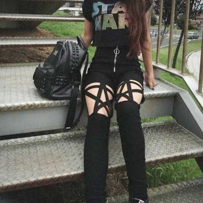 Pentagram hollow cut bandage pencil pants high waist tight fit zipper stretchable jeans casual pants for gothic streetwear