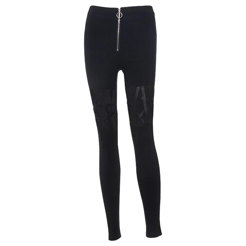 Pentagram hollow cut bandage pencil pants high waist tight fit zipper stretchable jeans casual pants for gothic streetwear