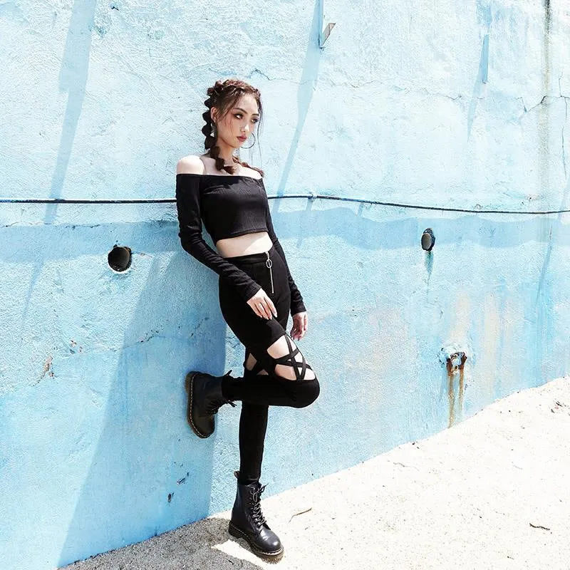 Pentagram hollow cut bandage pencil pants high waist tight fit zipper stretchable jeans casual pants for gothic streetwear