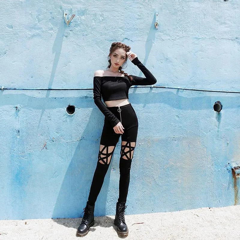 Pentagram hollow cut bandage pencil pants high waist tight fit zipper stretchable jeans casual pants for gothic streetwear