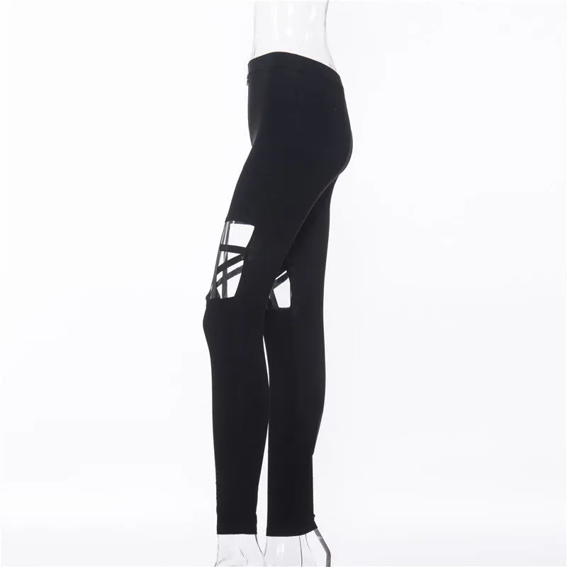 Pentagram hollow cut bandage pencil pants high waist tight fit zipper stretchable jeans casual pants for gothic streetwear