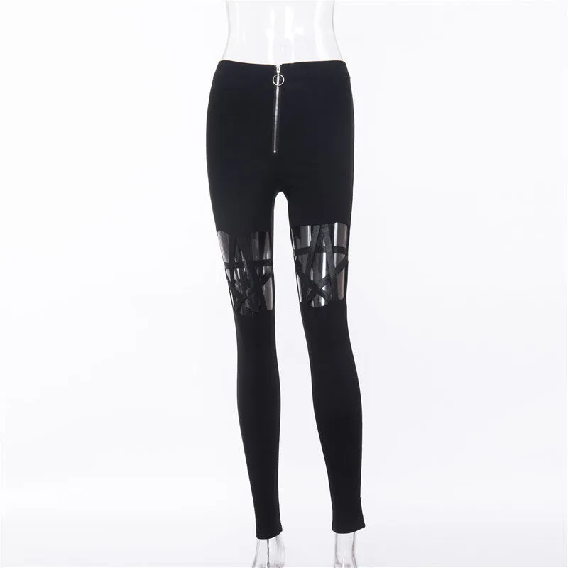 Pentagram hollow cut bandage pencil pants high waist tight fit zipper stretchable jeans casual pants for gothic streetwear