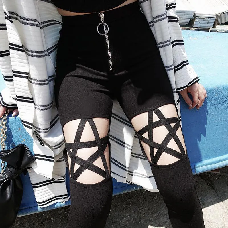 Pentagram hollow cut bandage pencil pants high waist tight fit zipper stretchable jeans casual pants for gothic streetwear