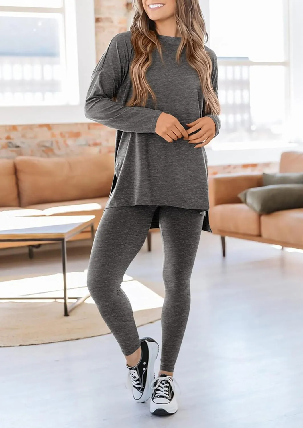 PRETTYGARDEN Women's 2 Piece Outfits Casual Long Sleeve Tunic Tops Legging Pants Matching Lounge Sets Sweatsuits