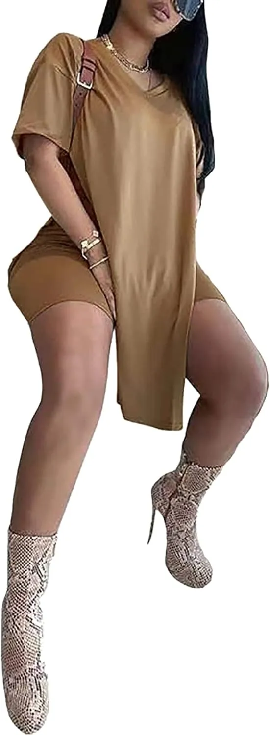 qfmqkpi Womens Casual 2 Piece Outfits V Neck Side Split Tops and Shorts Set Tracksuit
