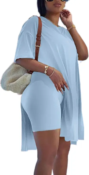 qfmqkpi Womens Casual 2 Piece Outfits V Neck Side Split Tops and Shorts Set Tracksuit