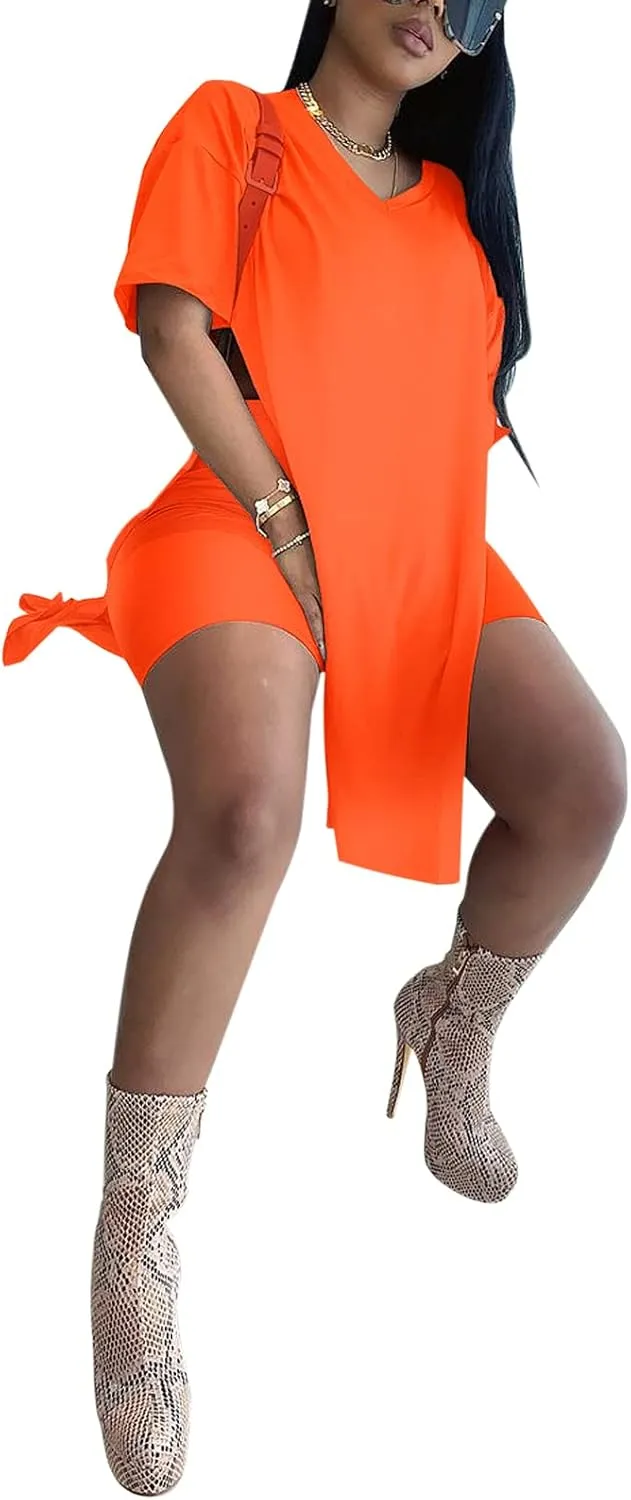 qfmqkpi Womens Casual 2 Piece Outfits V Neck Side Split Tops and Shorts Set Tracksuit