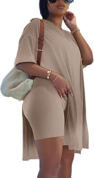 qfmqkpi Womens Casual 2 Piece Outfits V Neck Side Split Tops and Shorts Set Tracksuit