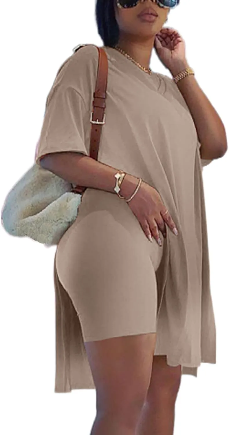 qfmqkpi Womens Casual 2 Piece Outfits V Neck Side Split Tops and Shorts Set Tracksuit