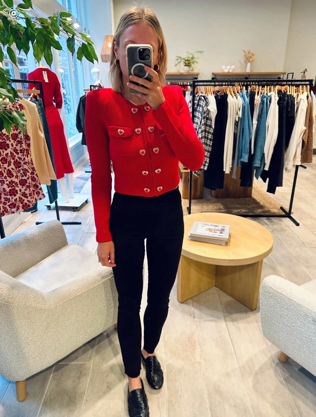 Red Knit Heart Button Cardigan