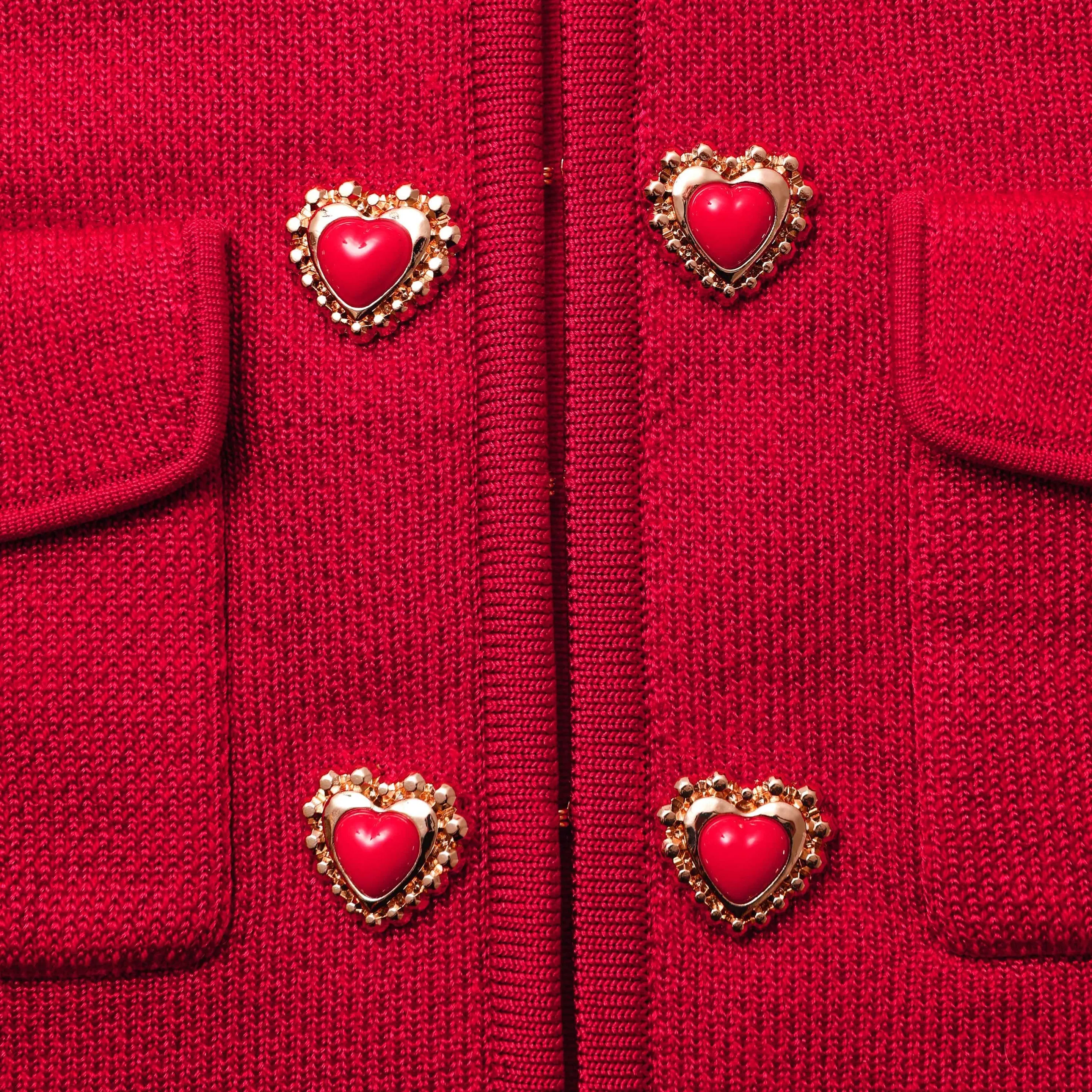 Red Knit Heart Button Cardigan