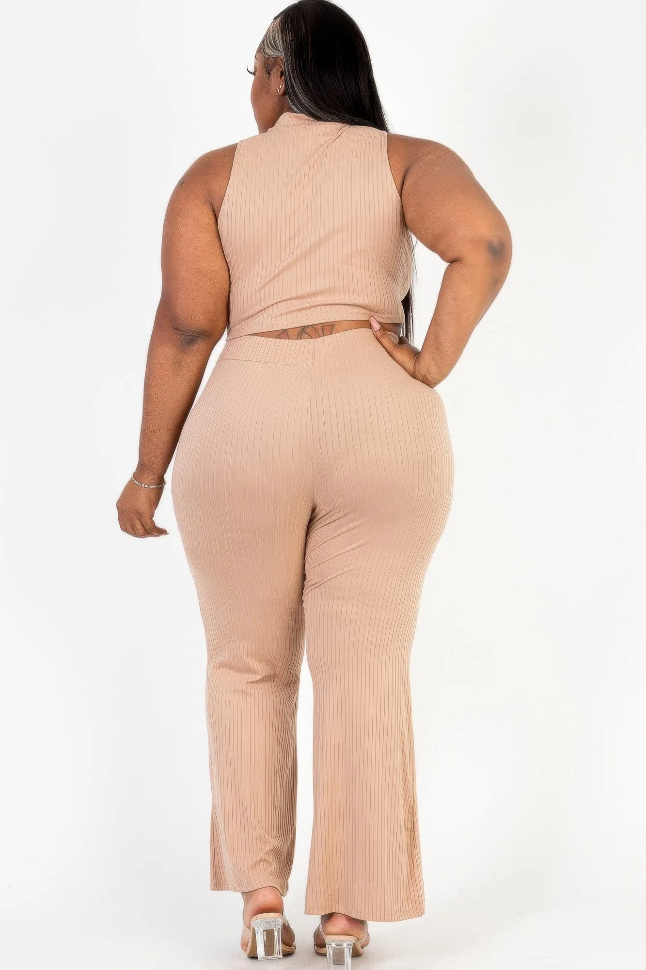 Ribbed Mock Neck Crop Tank Top & Bootcut Pants Set