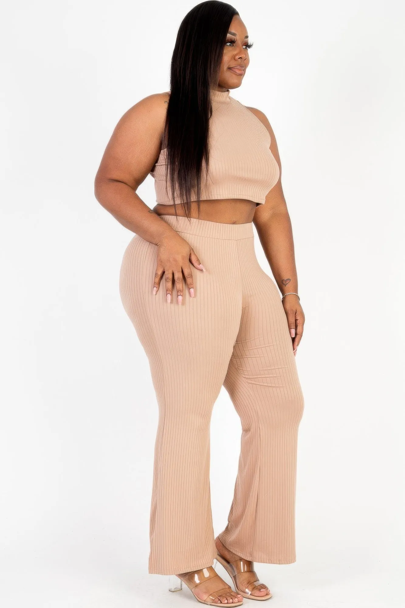 Ribbed Mock Neck Crop Tank Top & Bootcut Pants Set