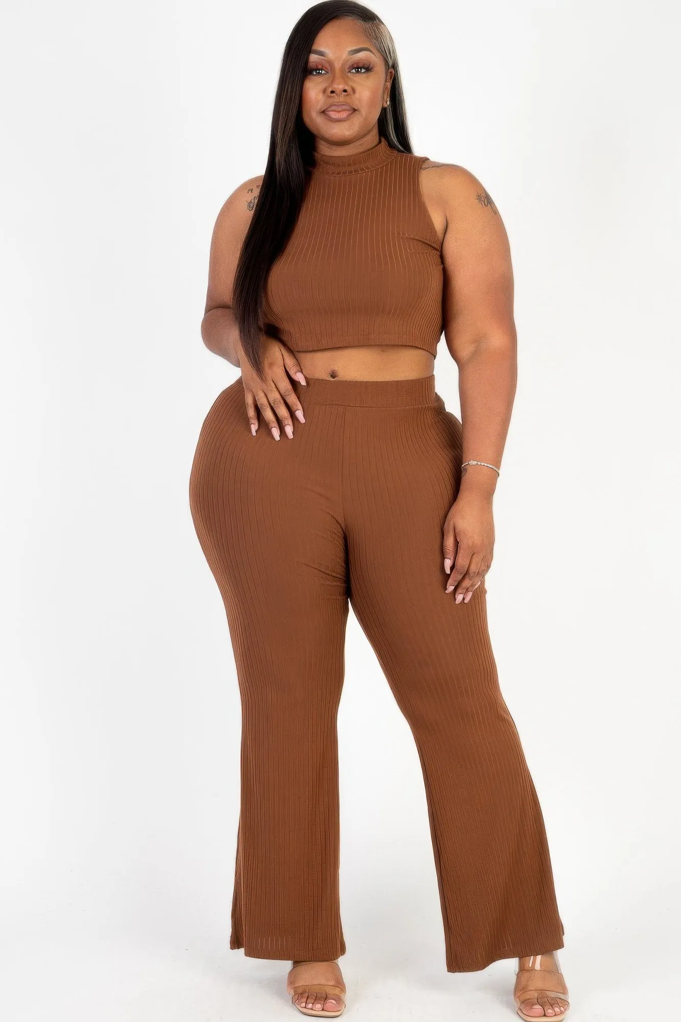 Ribbed Mock Neck Crop Tank Top & Bootcut Pants Set