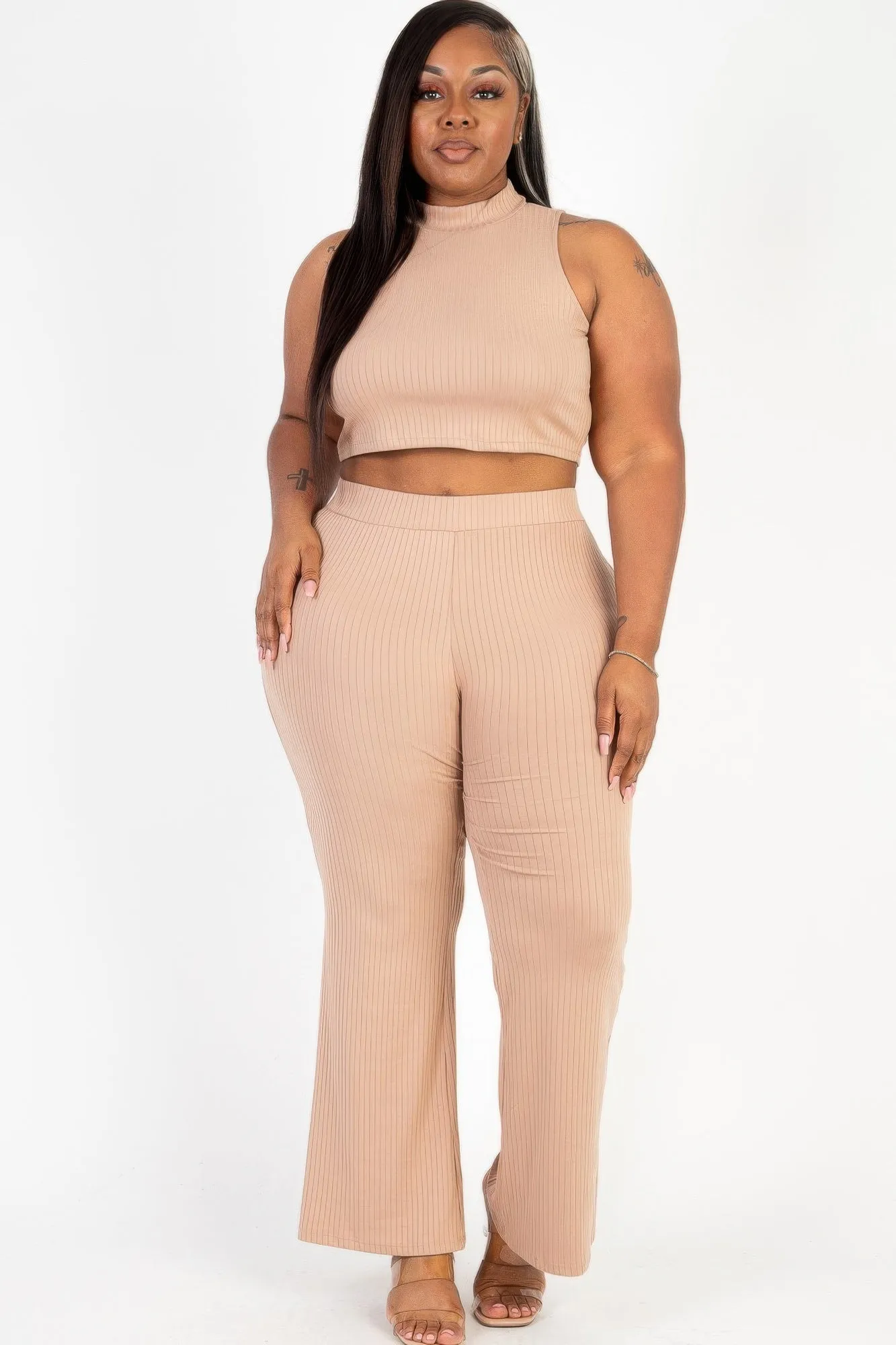 Ribbed Mock Neck Crop Tank Top & Bootcut Pants Set