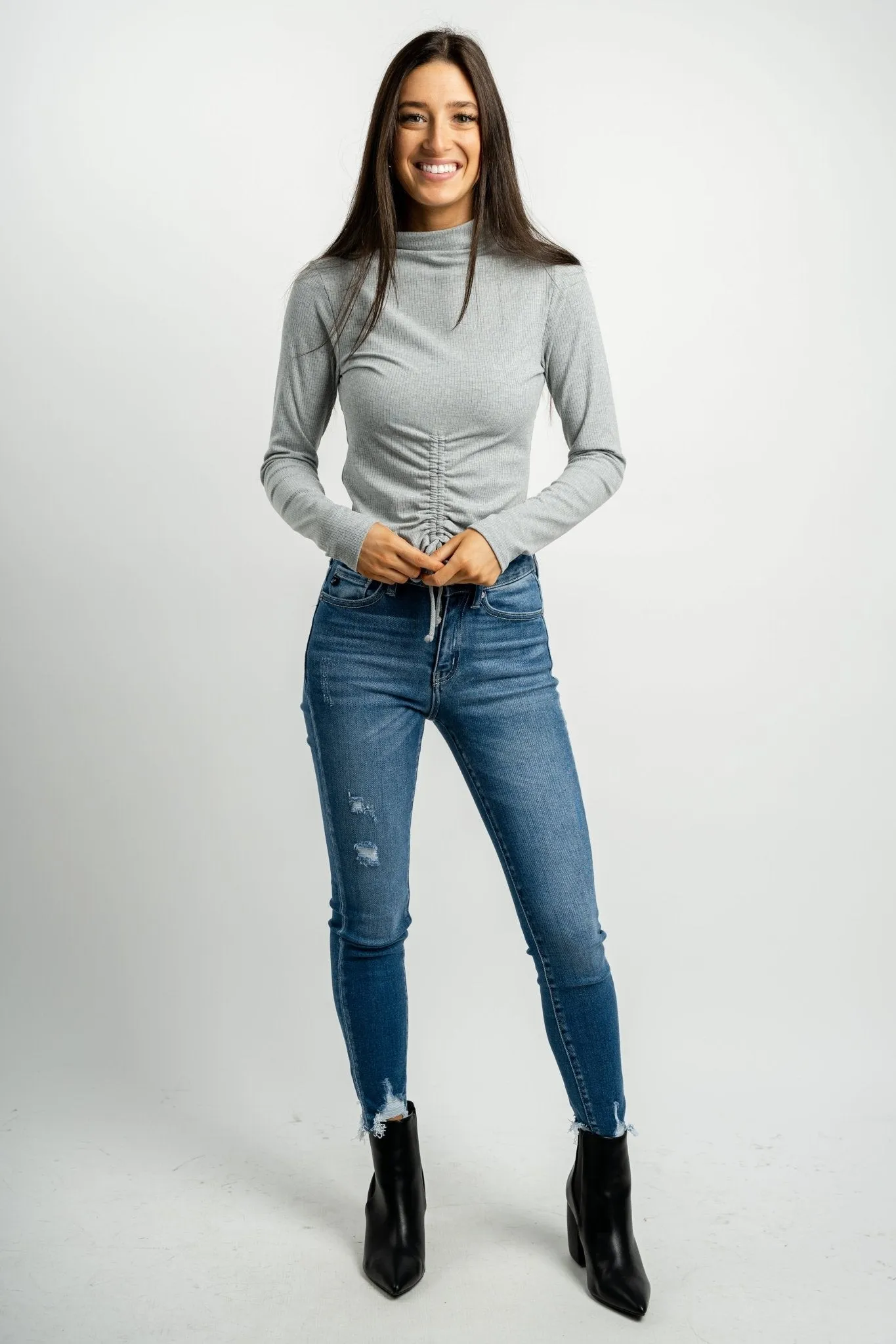 Ruched front long sleeve top heather grey