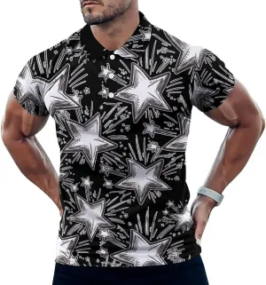 Stars Fireworks Mens Polo Shirts Quick Dry Short Sleeve T-shirts Slim Tennis Collared Tees Tops