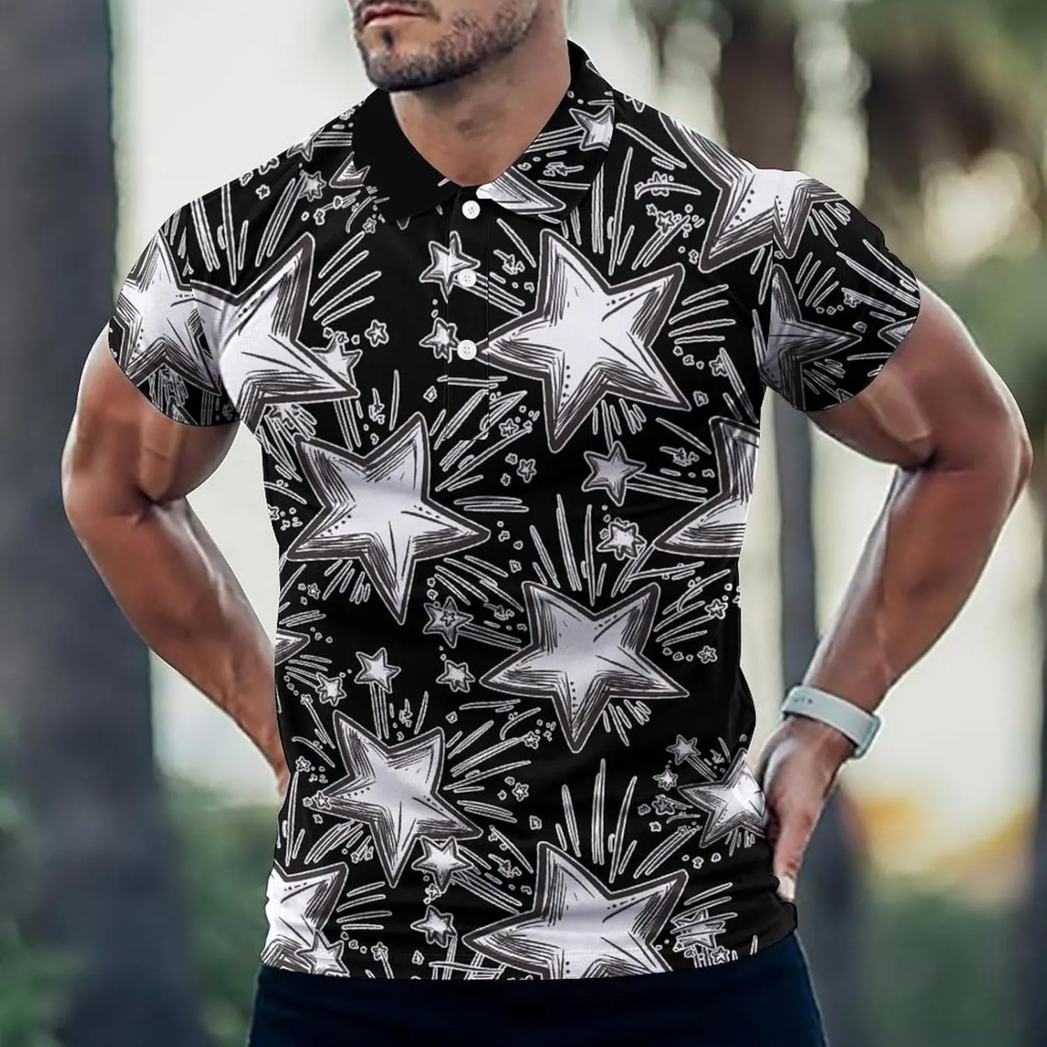 Stars Fireworks Mens Polo Shirts Quick Dry Short Sleeve T-shirts Slim Tennis Collared Tees Tops