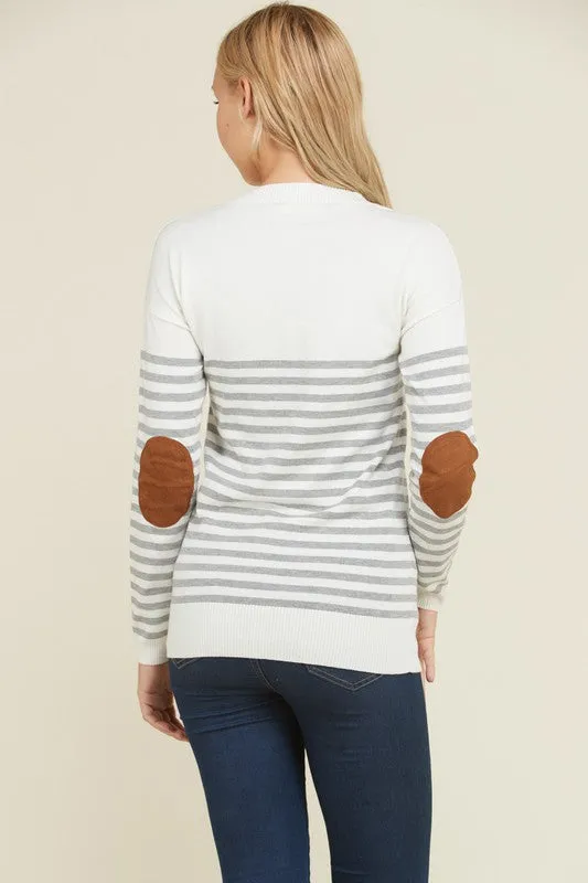Stripe Elbow Patch Sweater (Grey)