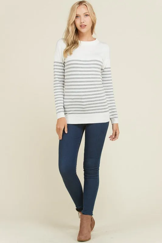 Stripe Elbow Patch Sweater (Grey)