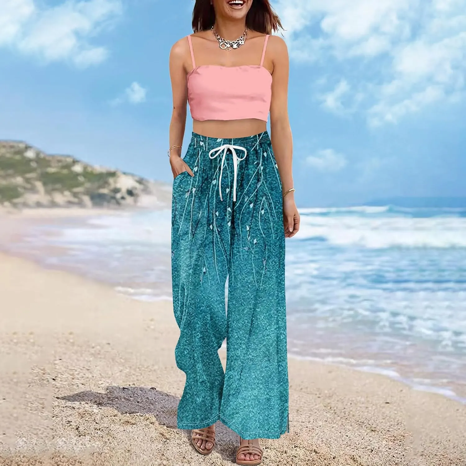 Summer Wide Leg Pants for Women Elastic Waist Drawstring Boho Palazzo Flowy Pants Floral Print with Pockets Trousers