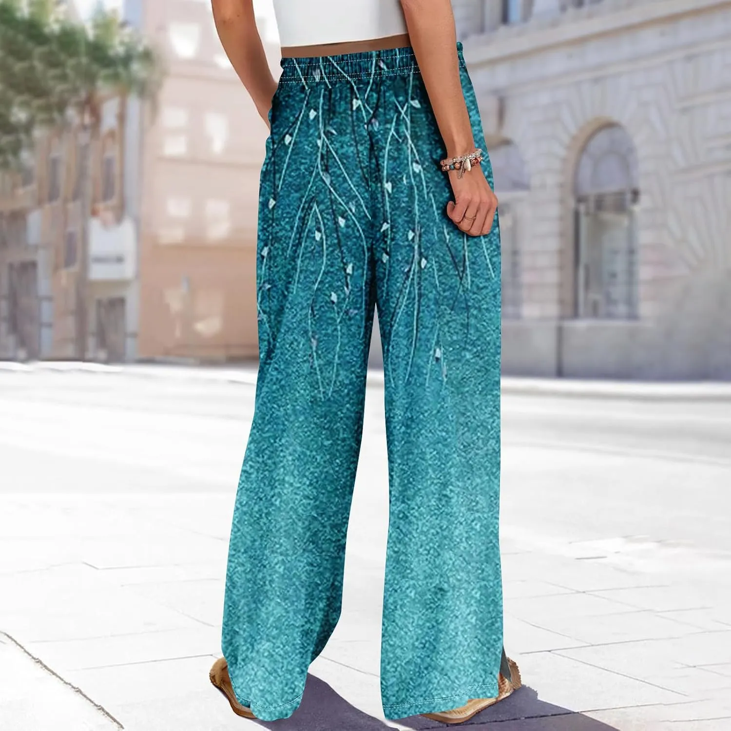 Summer Wide Leg Pants for Women Elastic Waist Drawstring Boho Palazzo Flowy Pants Floral Print with Pockets Trousers