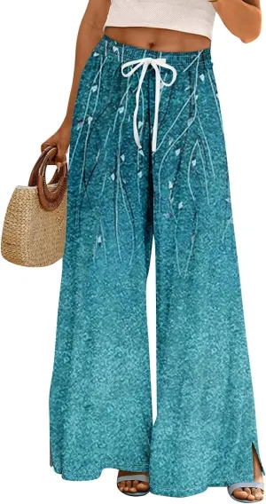 Summer Wide Leg Pants for Women Elastic Waist Drawstring Boho Palazzo Flowy Pants Floral Print with Pockets Trousers