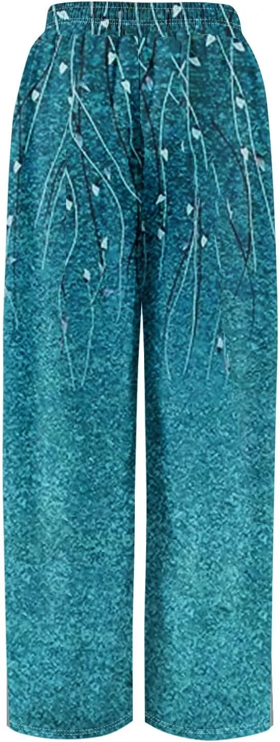 Summer Wide Leg Pants for Women Elastic Waist Drawstring Boho Palazzo Flowy Pants Floral Print with Pockets Trousers