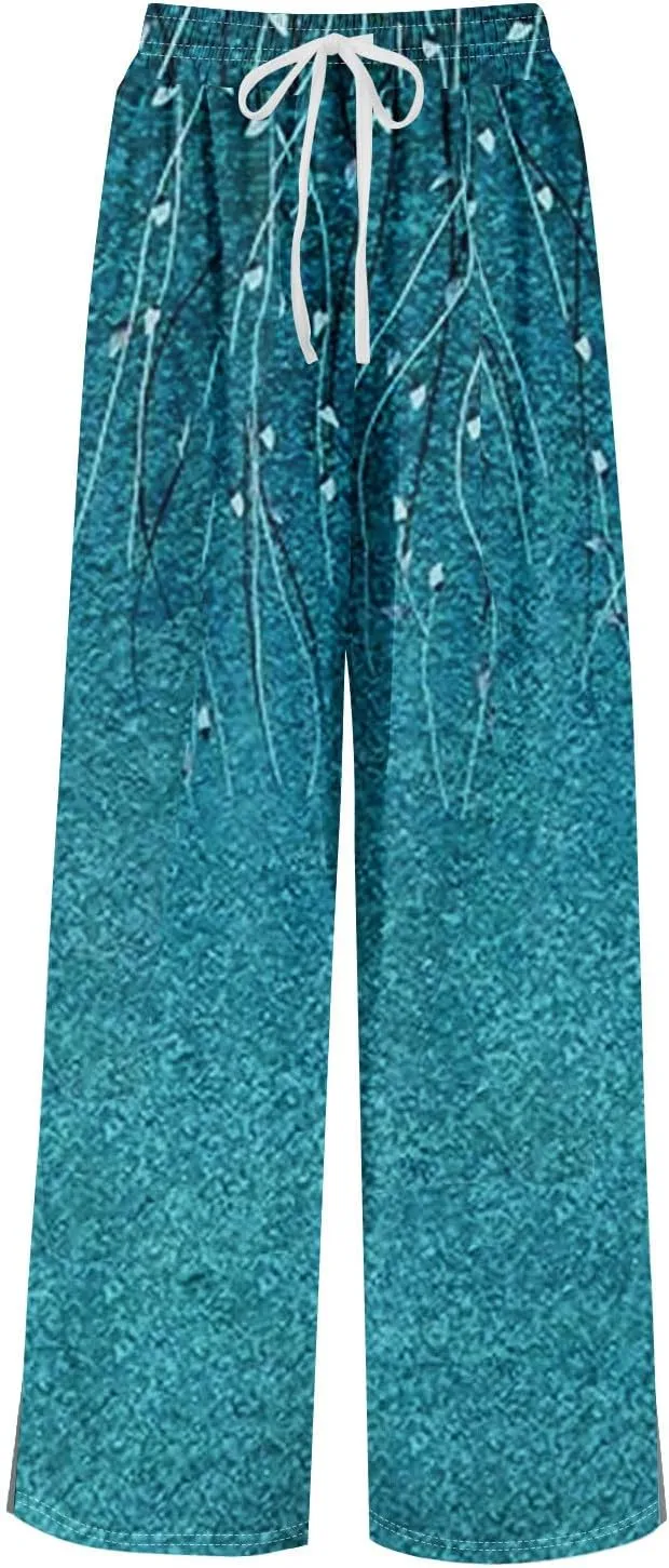 Summer Wide Leg Pants for Women Elastic Waist Drawstring Boho Palazzo Flowy Pants Floral Print with Pockets Trousers