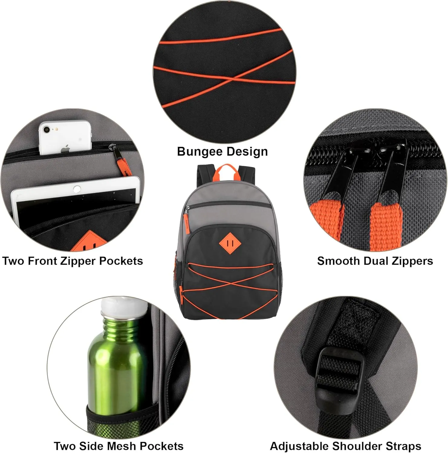 Summit Ridge Backpacks with Bungee Cord Front | 17 Multi Pocket Backpack for Adults, College, Travel (Grey/Black)