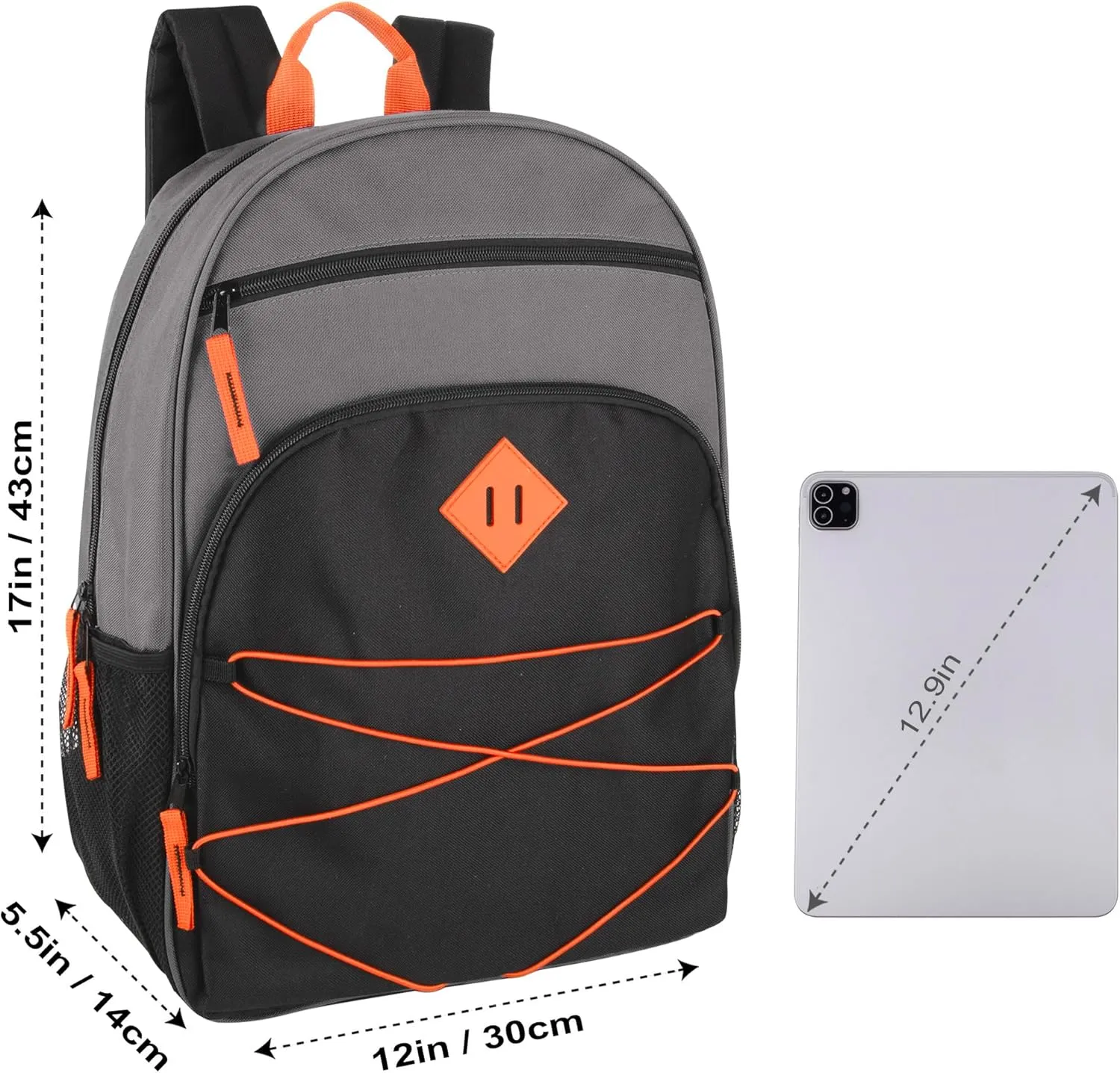 Summit Ridge Backpacks with Bungee Cord Front | 17 Multi Pocket Backpack for Adults, College, Travel (Grey/Black)