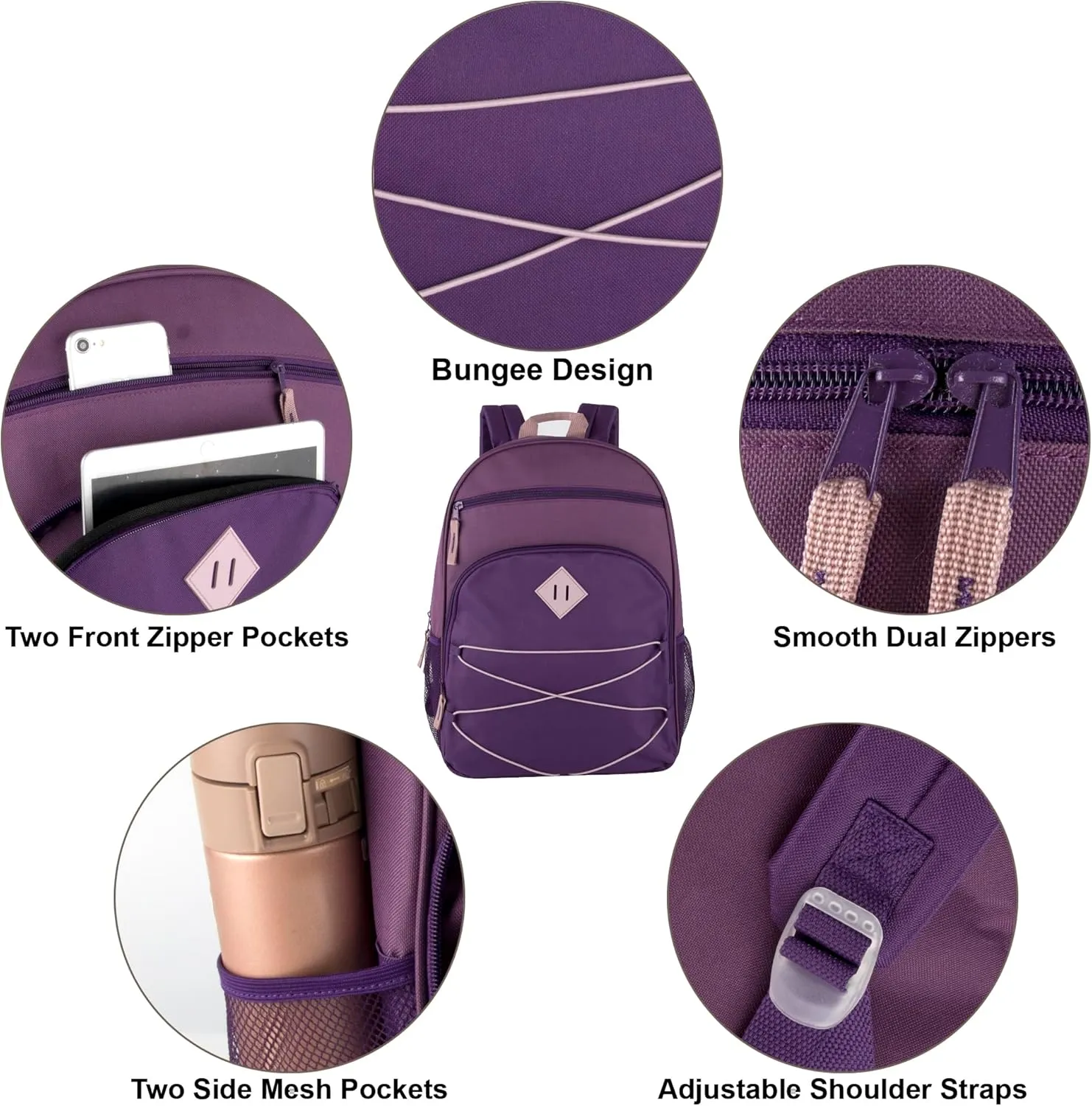 Summit Ridge Backpacks with Bungee Cord Front | 17 Multi Pocket Backpack for Adults, College, Travel (Purple/Lilac)
