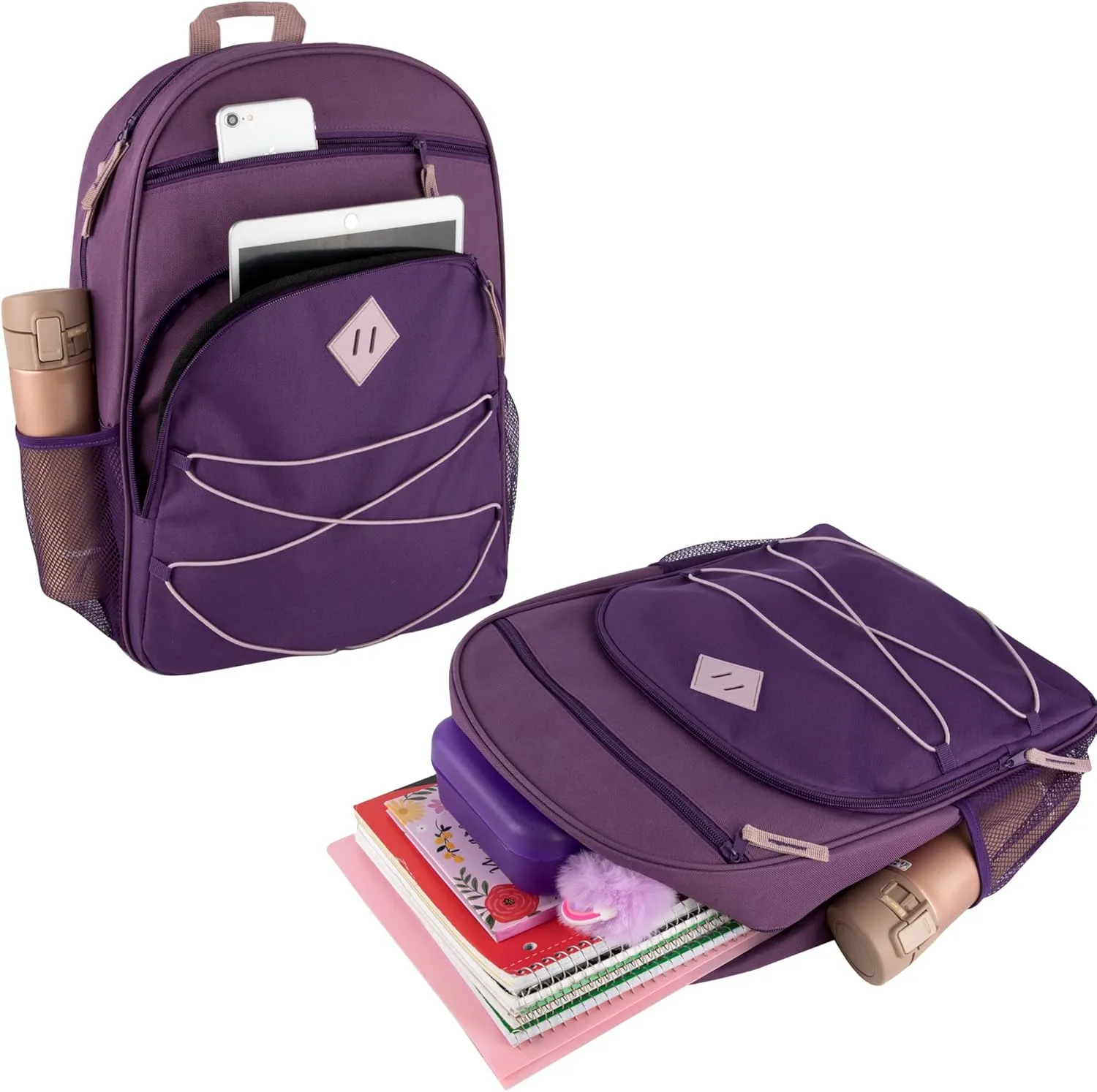 Summit Ridge Backpacks with Bungee Cord Front | 17 Multi Pocket Backpack for Adults, College, Travel (Purple/Lilac)