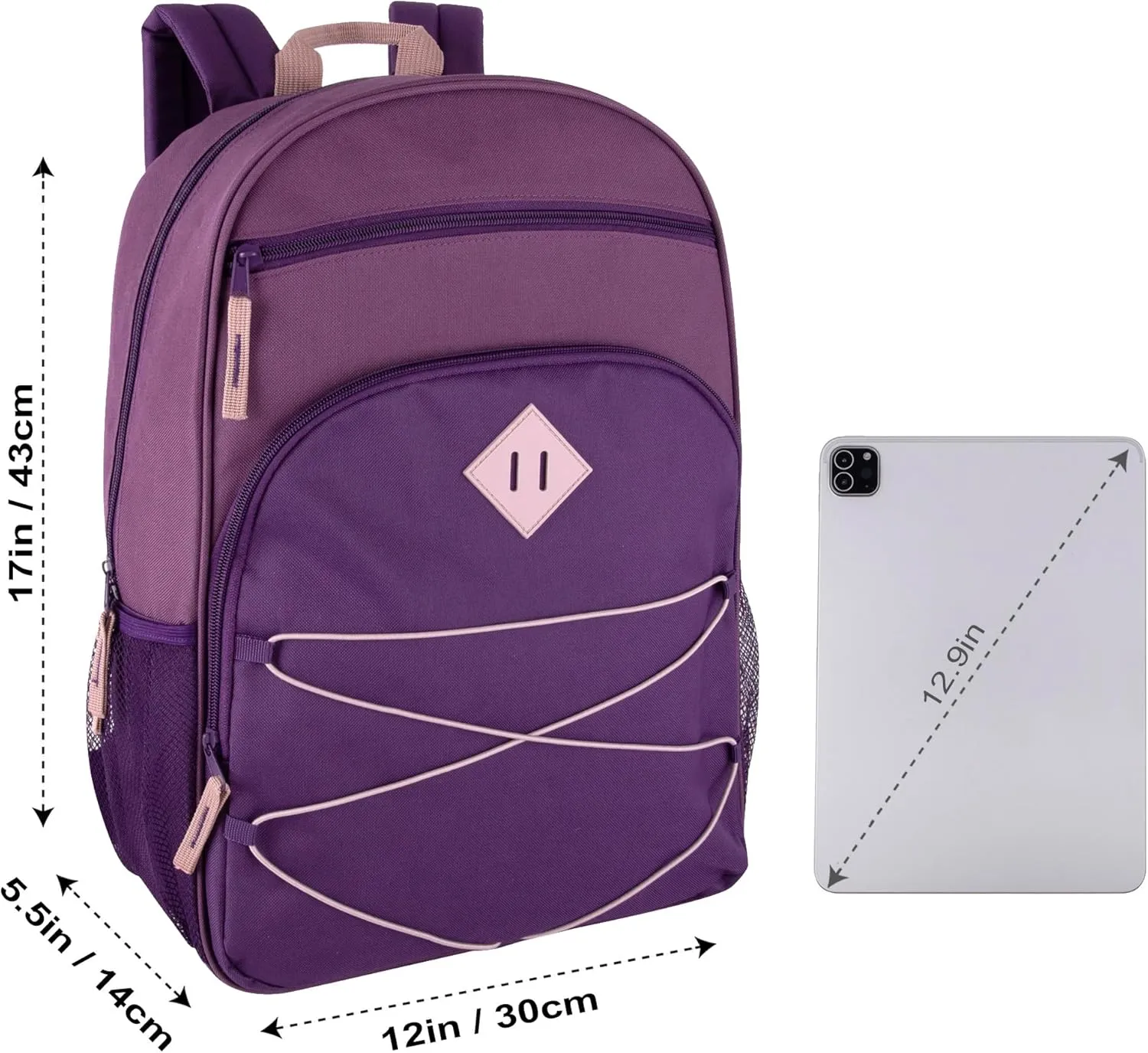 Summit Ridge Backpacks with Bungee Cord Front | 17 Multi Pocket Backpack for Adults, College, Travel (Purple/Lilac)