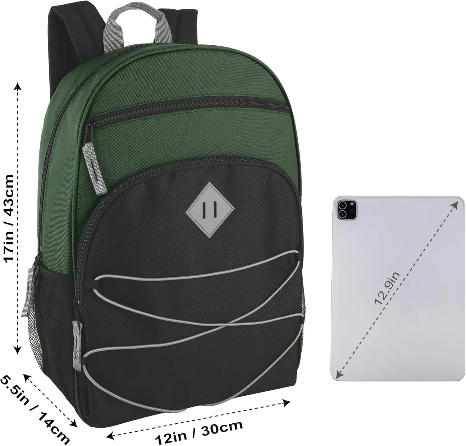 Summit Ridge Boys and Girls School Backpacks with Bungee Cord Front | 17 Multi Pocket Backpack for Kids, Teens, Adults, Travel (Green/Black)