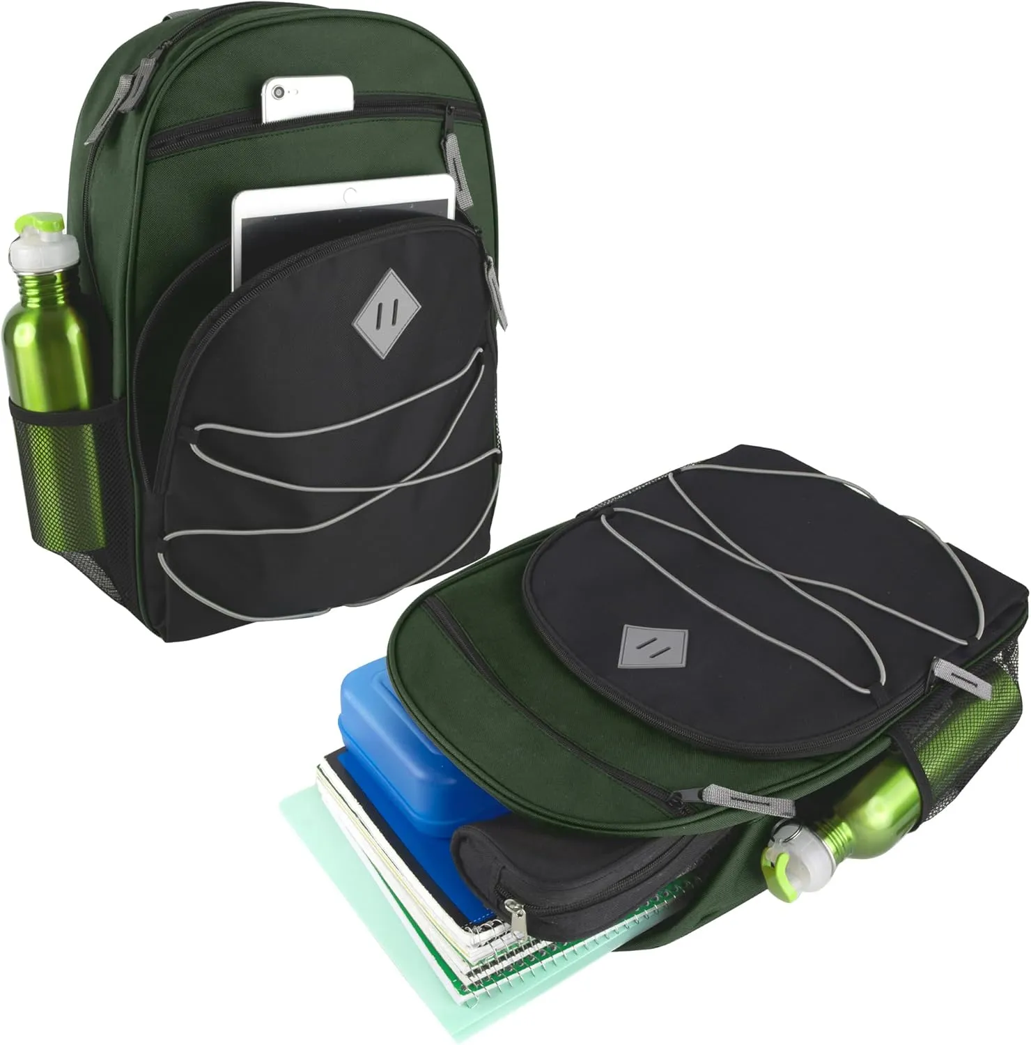 Summit Ridge Boys and Girls School Backpacks with Bungee Cord Front | 17 Multi Pocket Backpack for Kids, Teens, Adults, Travel (Green/Black)