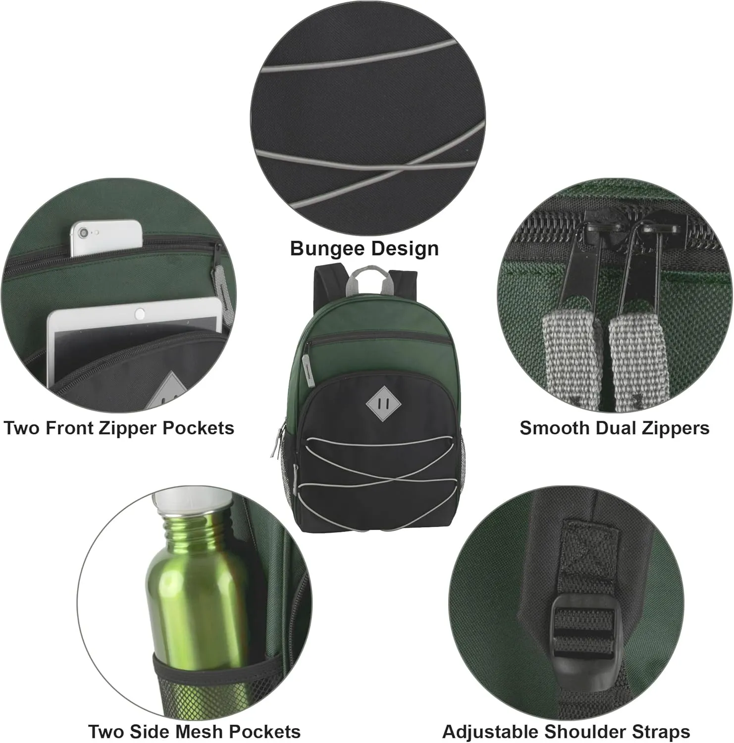 Summit Ridge Boys and Girls School Backpacks with Bungee Cord Front | 17 Multi Pocket Backpack for Kids, Teens, Adults, Travel (Green/Black)