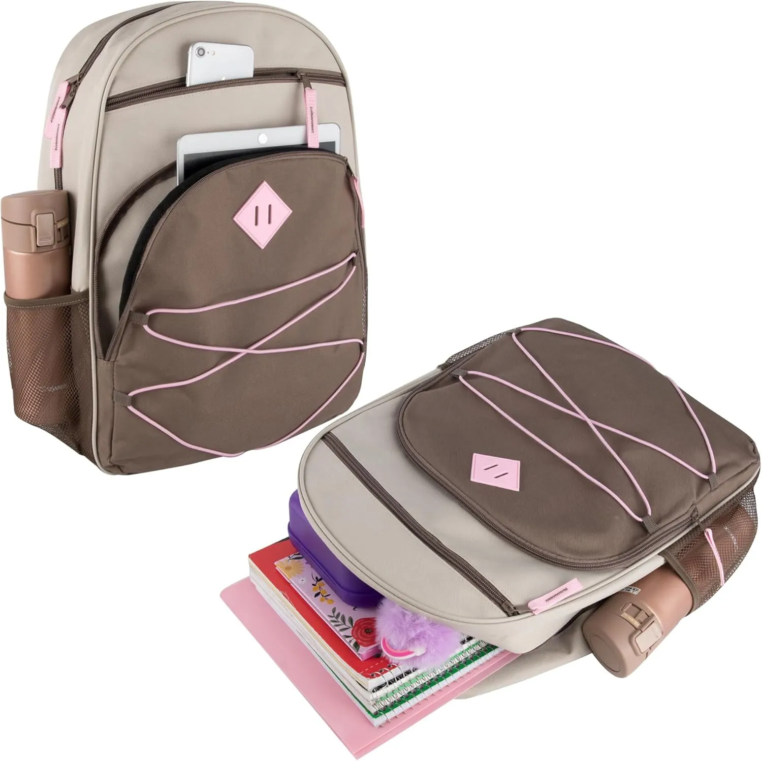 Summit Ridge Boys and Girls School Backpacks with Bungee Cord Front | 17 Multi Pocket Backpack for Kids, Teens, Adults, Travel (Khaki/Brown)