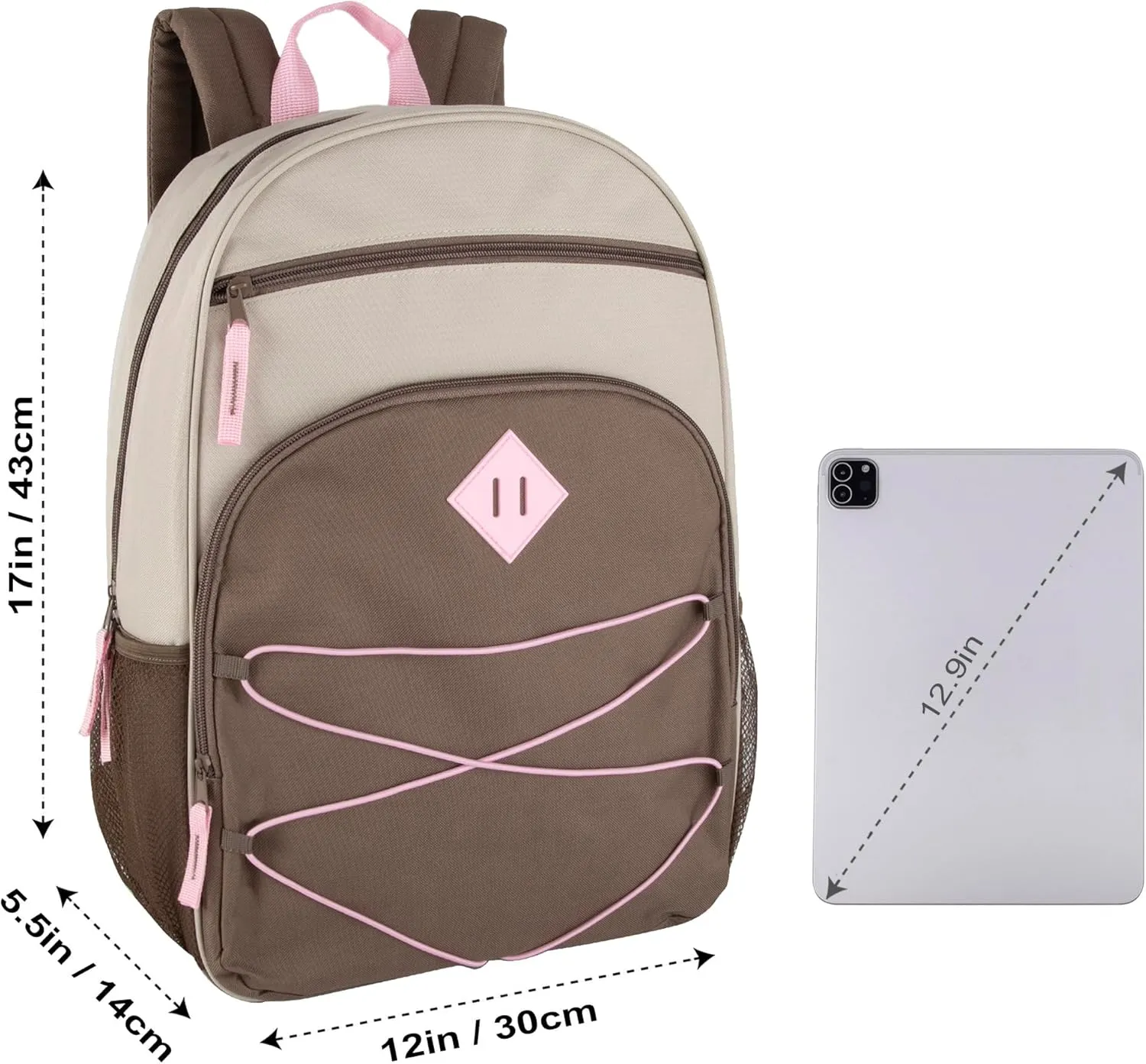 Summit Ridge Boys and Girls School Backpacks with Bungee Cord Front | 17 Multi Pocket Backpack for Kids, Teens, Adults, Travel (Khaki/Brown)
