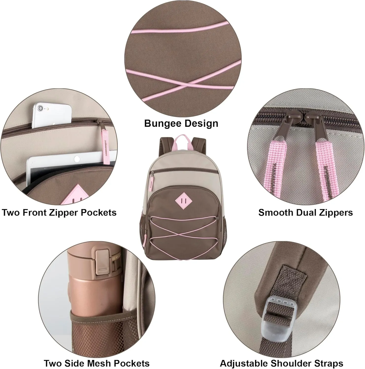 Summit Ridge Boys and Girls School Backpacks with Bungee Cord Front | 17 Multi Pocket Backpack for Kids, Teens, Adults, Travel (Khaki/Brown)