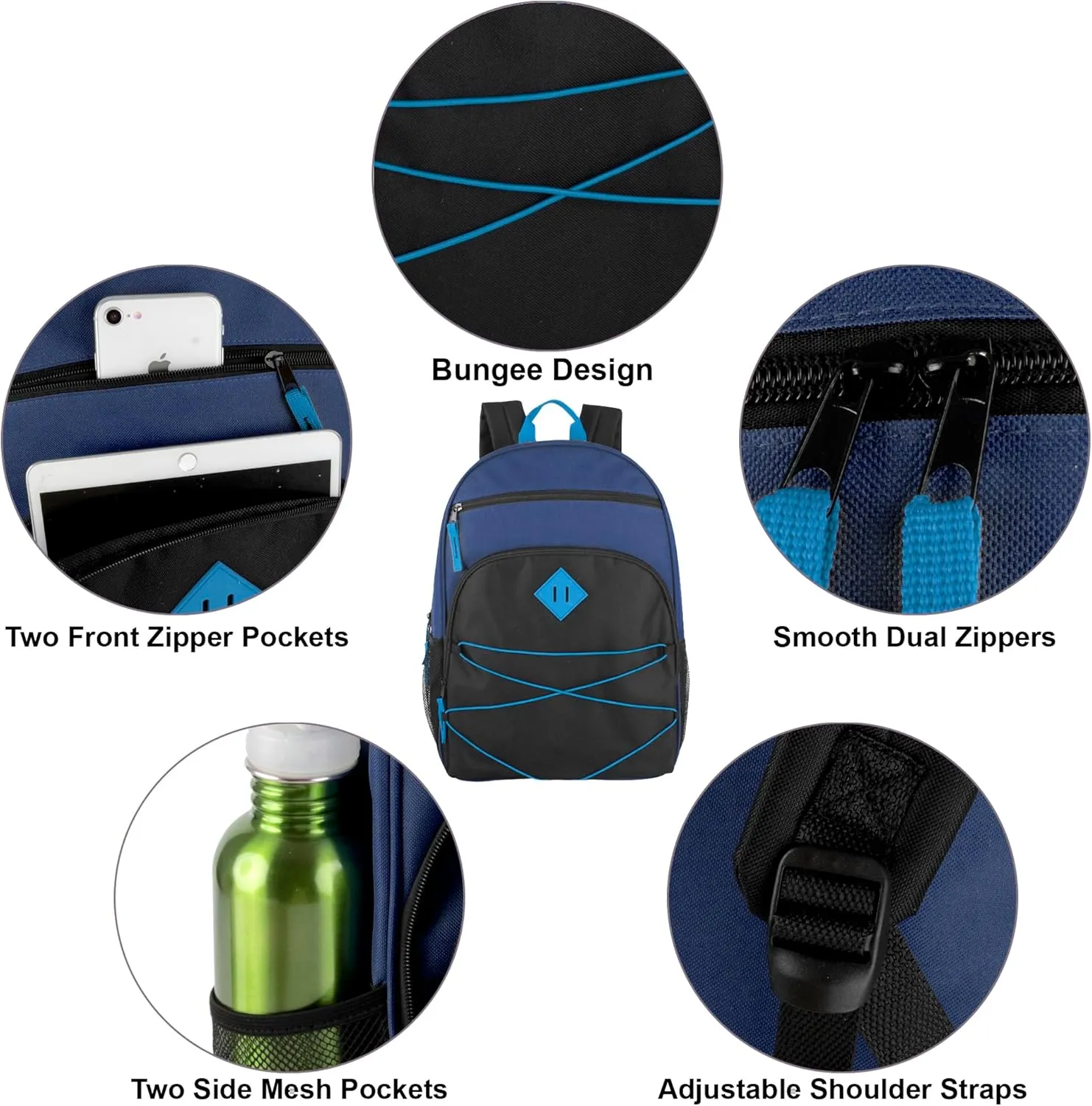Summit Ridge Boys and Girls School Backpacks with Bungee Cord Front | 17 Multi Pocket Backpack for Kids, Teens, Adults, Travel (Navy/Black)
