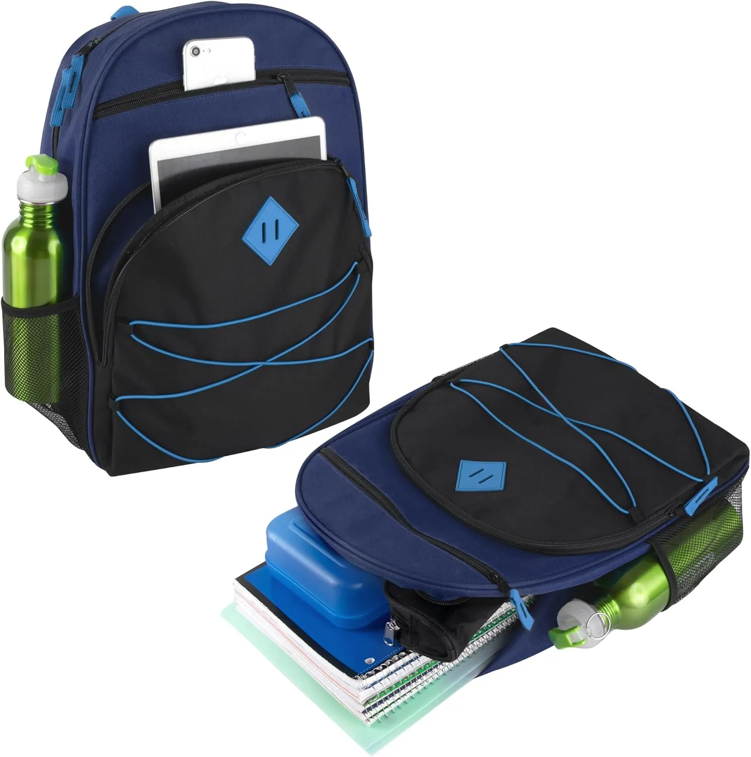 Summit Ridge Boys and Girls School Backpacks with Bungee Cord Front | 17 Multi Pocket Backpack for Kids, Teens, Adults, Travel (Navy/Black)