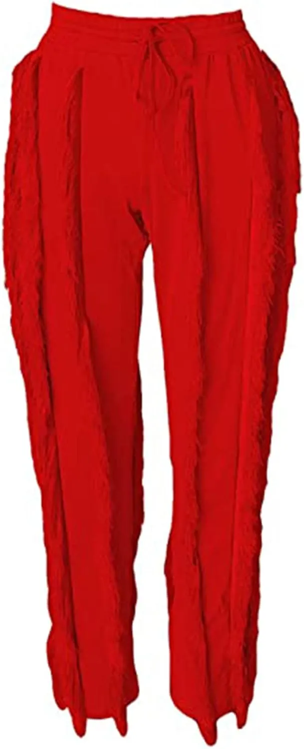 Tcremisa Fringe Pants for Women High Waist Tassel Trousers Drawstring Jogger Sweatpants Clubwear