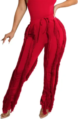 Tcremisa Fringe Pants for Women High Waist Tassel Trousers Drawstring Jogger Sweatpants Clubwear