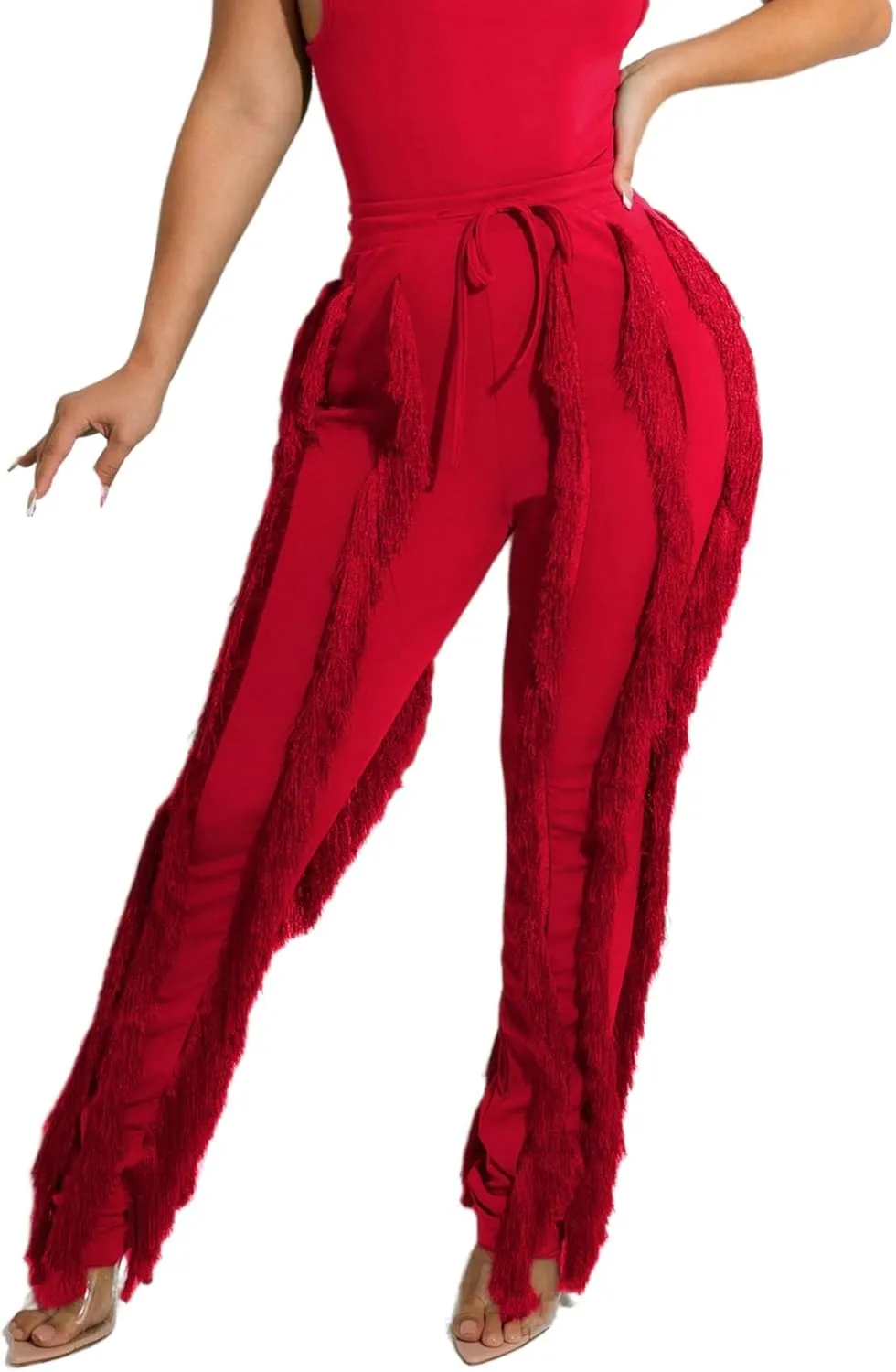 Tcremisa Fringe Pants for Women High Waist Tassel Trousers Drawstring Jogger Sweatpants Clubwear