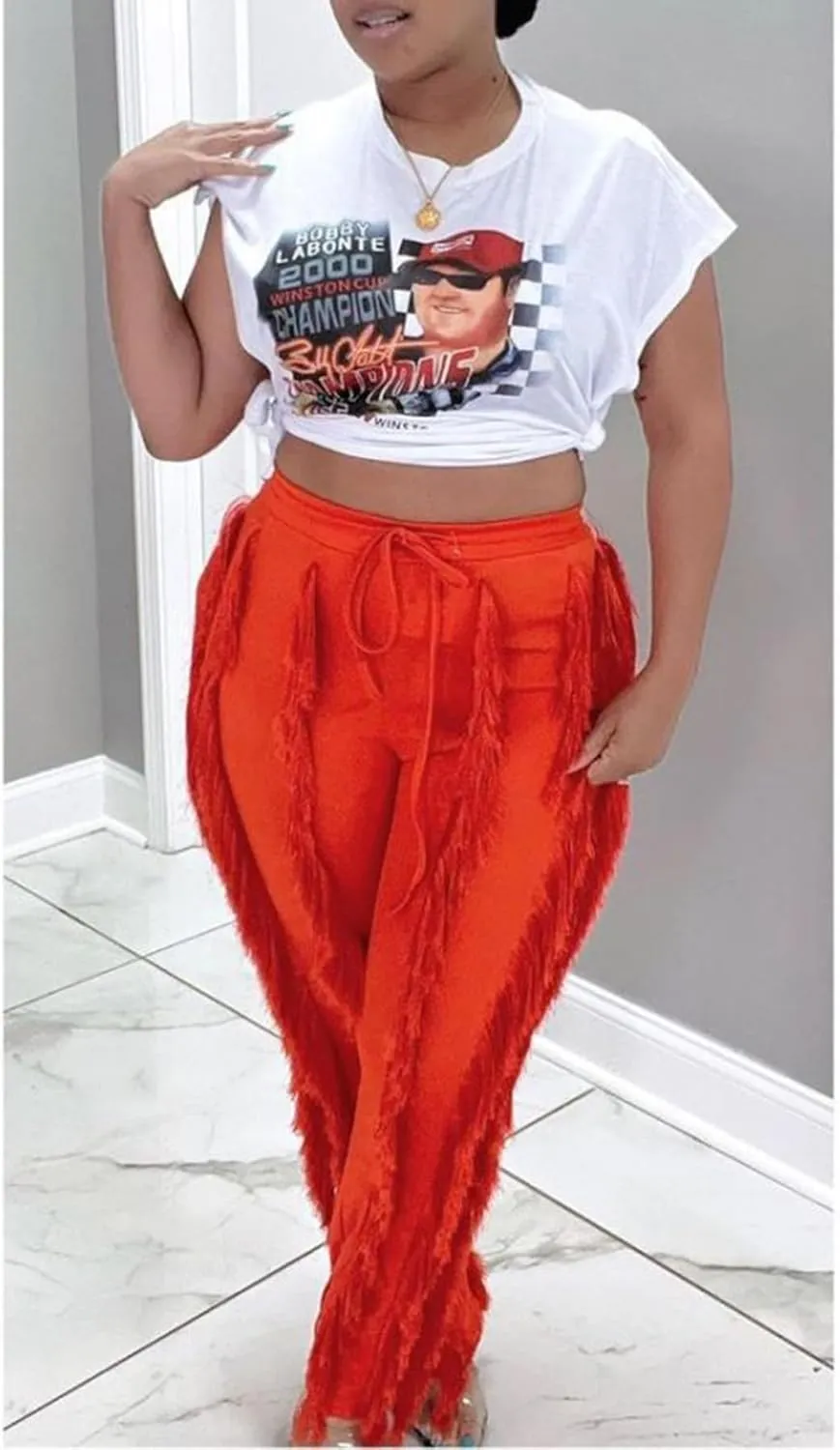Tcremisa Fringe Pants for Women High Waist Tassel Trousers Drawstring Jogger Sweatpants Clubwear