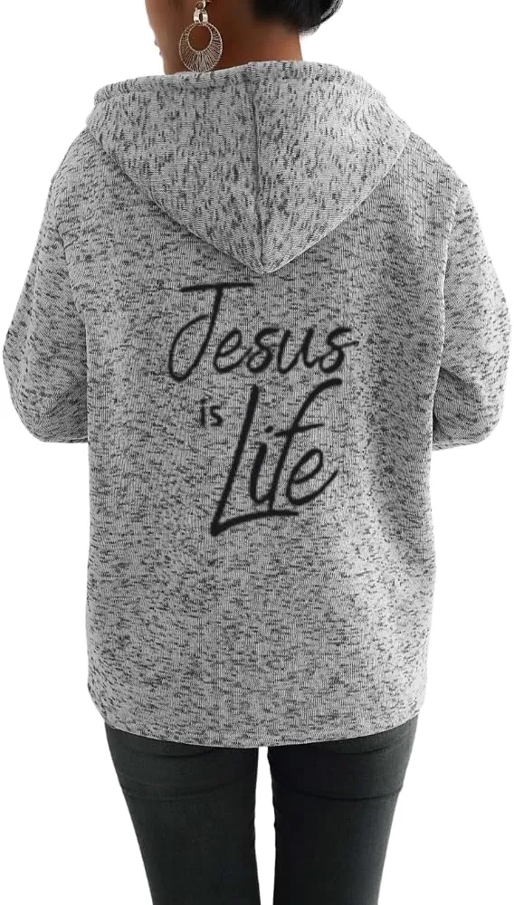 TIAFORD Womens Blessed Jesus Cross Christian Faith Print Hoodie Oversized Long Sleeve Drawstring Zip Up Sweatshirt Jackets