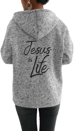 TIAFORD Womens Blessed Jesus Cross Christian Faith Print Hoodie Oversized Long Sleeve Drawstring Zip Up Sweatshirt Jackets